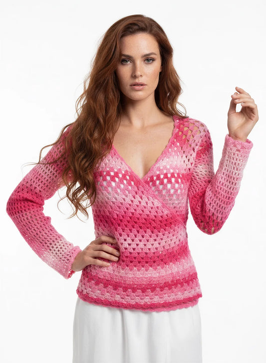Cache-cœur femme Cachou rose fuchsia dégradé ajouré – crochet fait main – encolure V croisée – Cachalabibi