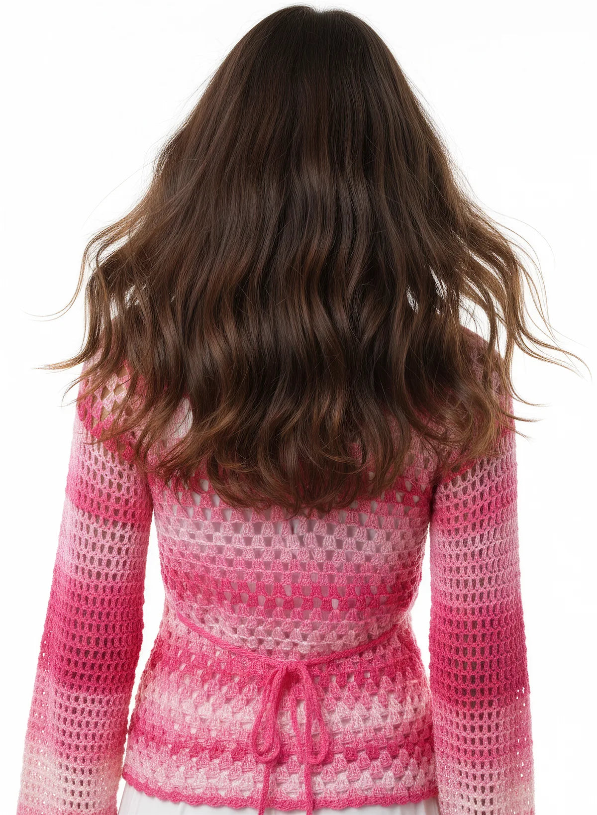 Cache-cœur femme Cachou rose fuchsia dégradé ajouré – crochet fait main – de dos lien tressé – Cachalabibi