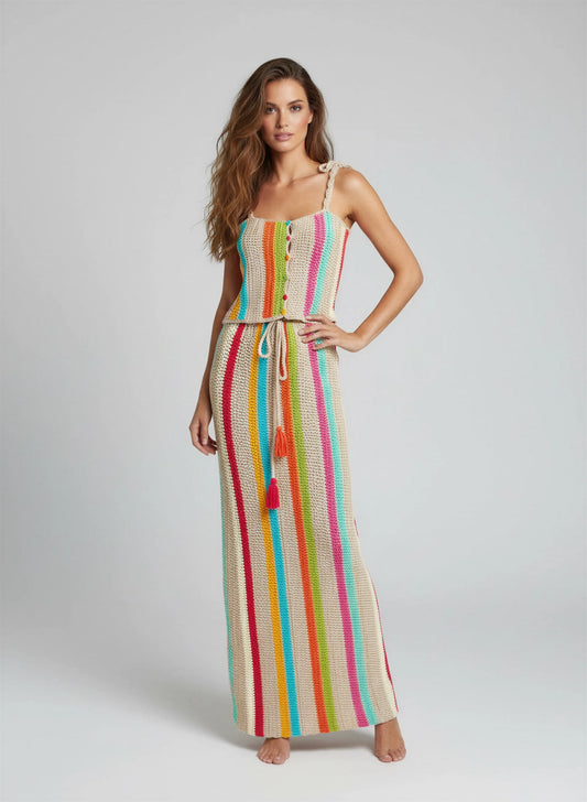 Ensemble crochet fait main Rainbow écru rayures verticales multicolores bretelles nouées jupe maxi festonnée – Cachalabibi