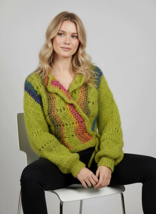 Gilet crochet fait main Avocado vert chartreuse mohair panneaux diagonaux multicolores col châle cache-cœur – Cachalabibi