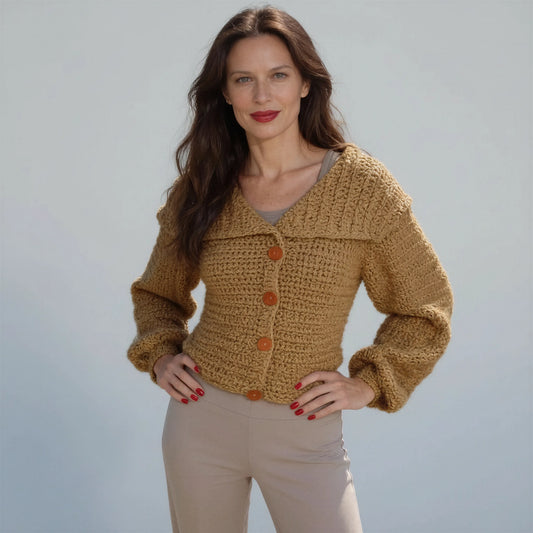 Gilet crochet fait main Corrazino camel mohair bouclé col châle fermé manches ballon boutons bois caramel – Cachalabibi