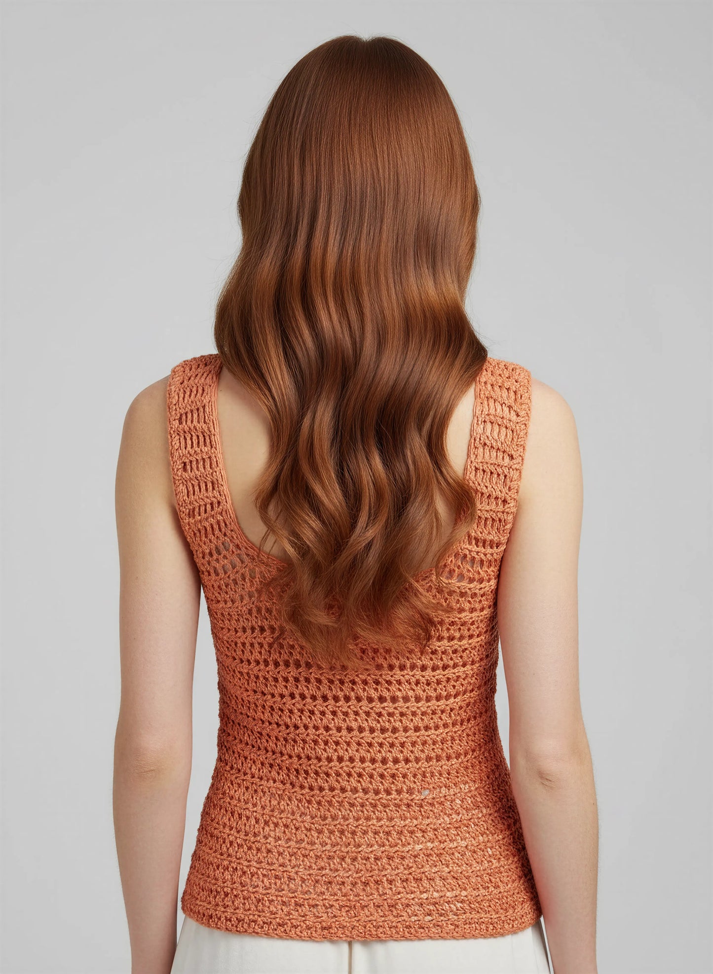 Haut crochet fait main Corallo orange corail rayures points alternés encolure dos nageur vue dos – Cachalabibi