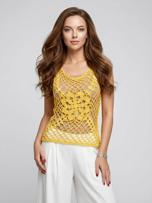 Haut crochet fait main Narcisola jaune narcisse point éventail ajouré bordure picot écru sans manches – Cachalabibi