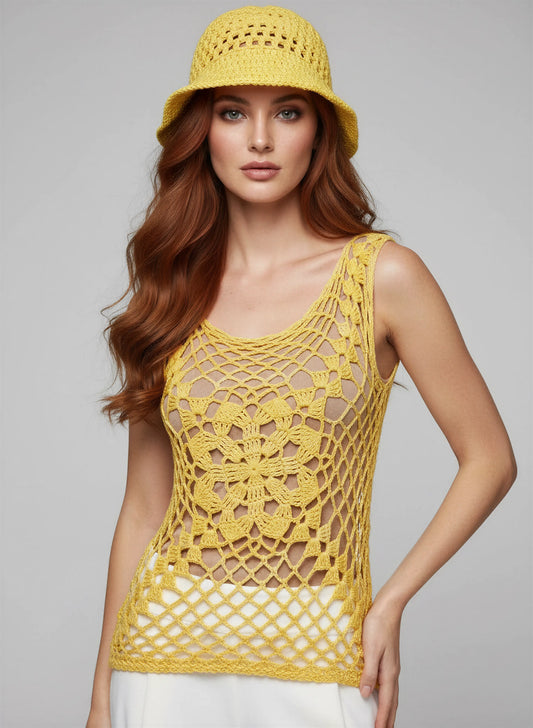 Haut crochet fait main Narcisola jaune narcisse point éventail ajouré look total crochet bucket hat – Cachalabibi