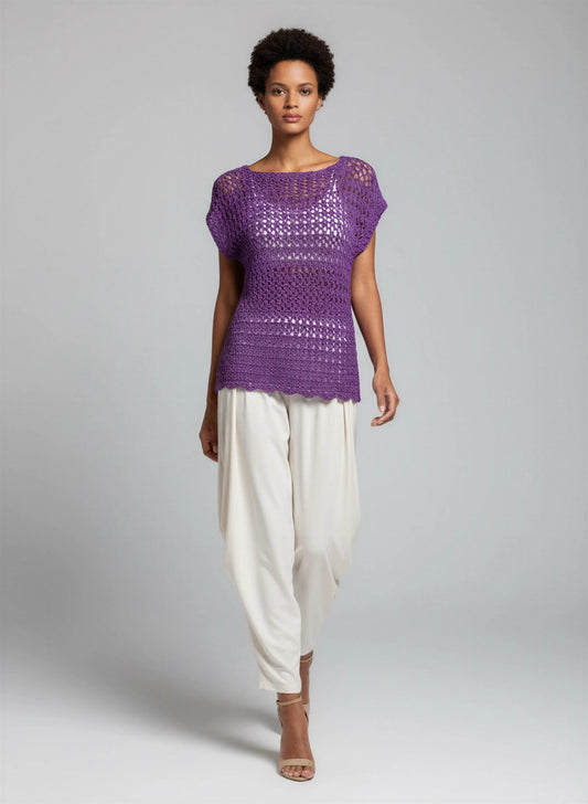 Haut crochet fait main Violeta violet améthyste mailles ajourées bordure festonnée vue face – Cachalabibi