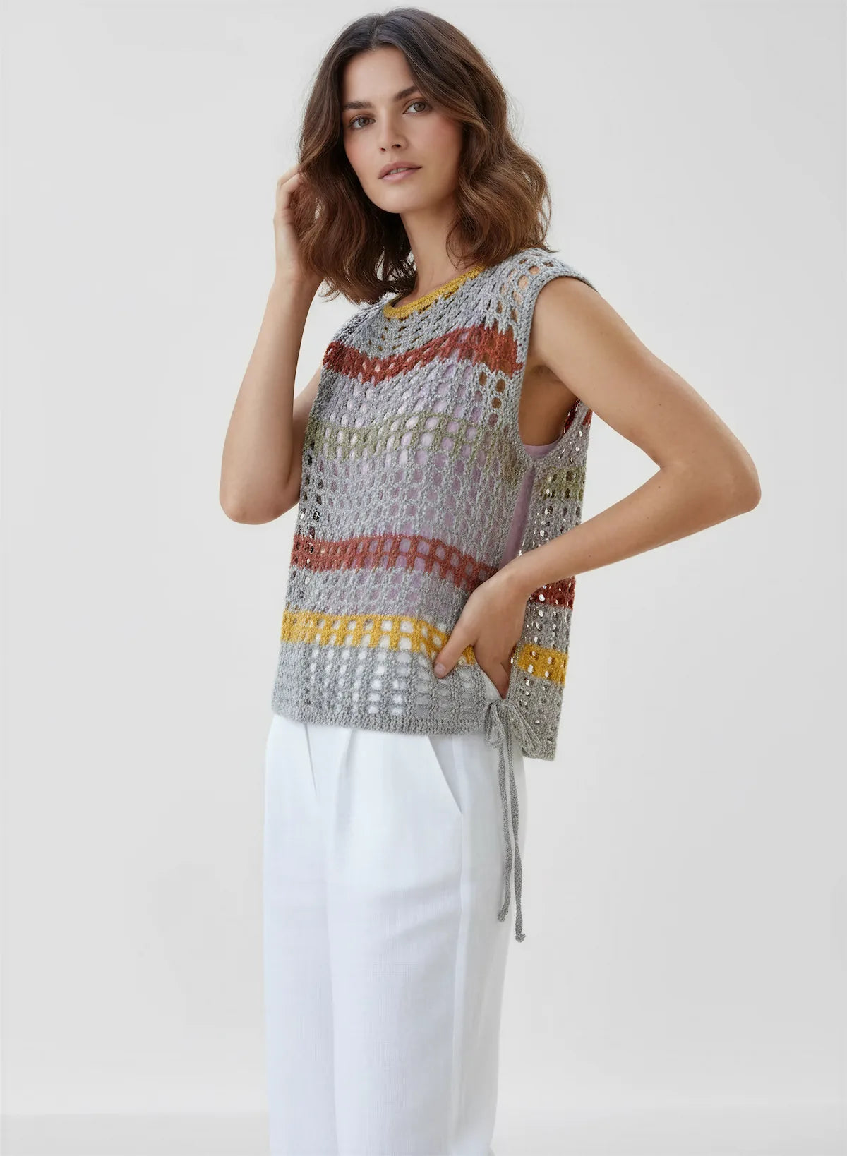 Haut Aperturo – vue de face 3/4 plein pied – haut crochet gris perle rayures encolure bateau – Cachalabibi