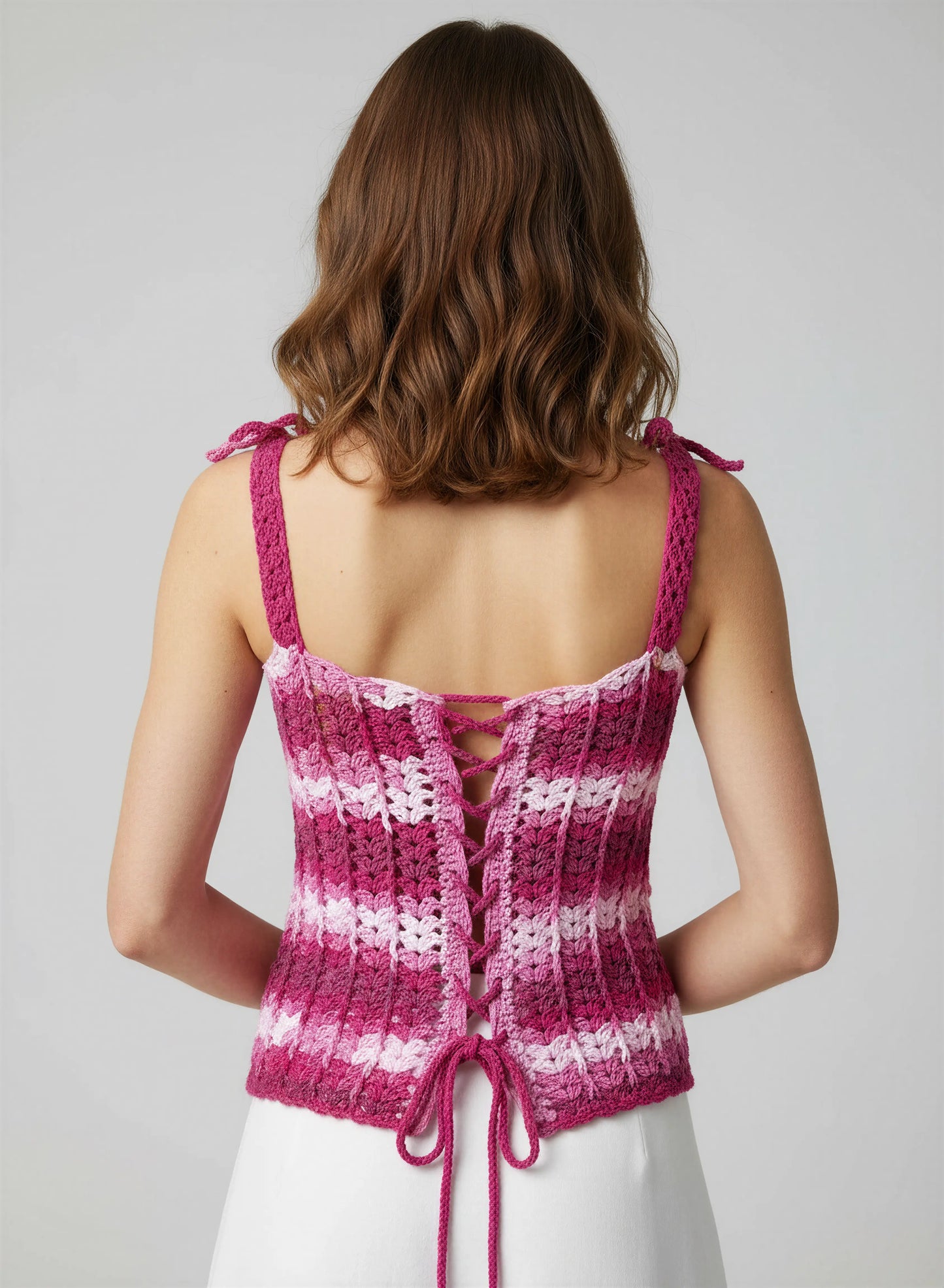 Haut crochet fait main Corsetto fuchsia rose poudré lacet corset dos nœuds épaules vue dos – Cachalabibi