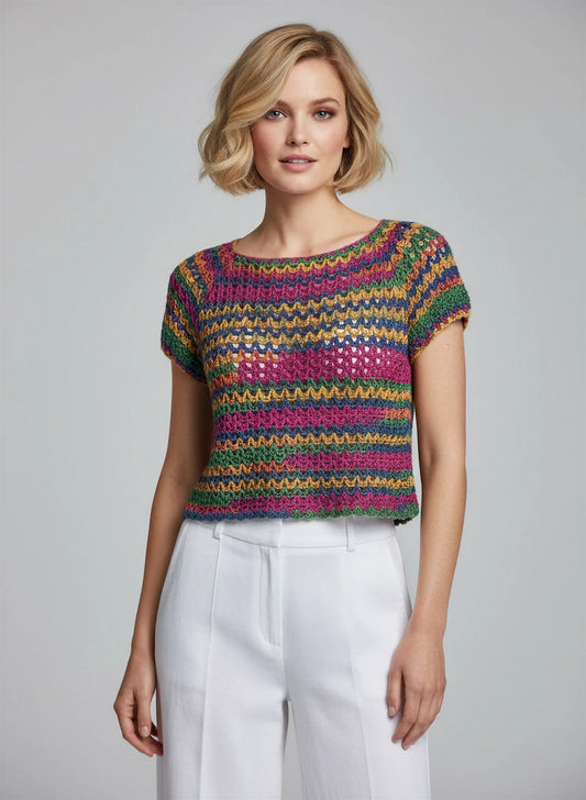 Haut crochet fait main Tico-Tico multicolore fuchsia vert émeraude jaune rayures crop top – Cachalabibi
