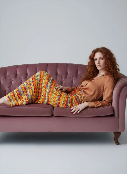 Jupe crochet fait main Gitana orange safran coquilles diagonales multicolores bordure festonnée jaune pose éditoriale – Cachalabibi