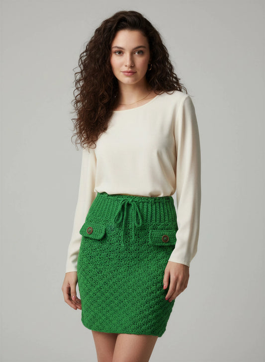 Jupe crochet fait main Laquenette vert vif texture dense point étoiles 2 poches cordon noué coupe crayon – Cachalabibi
