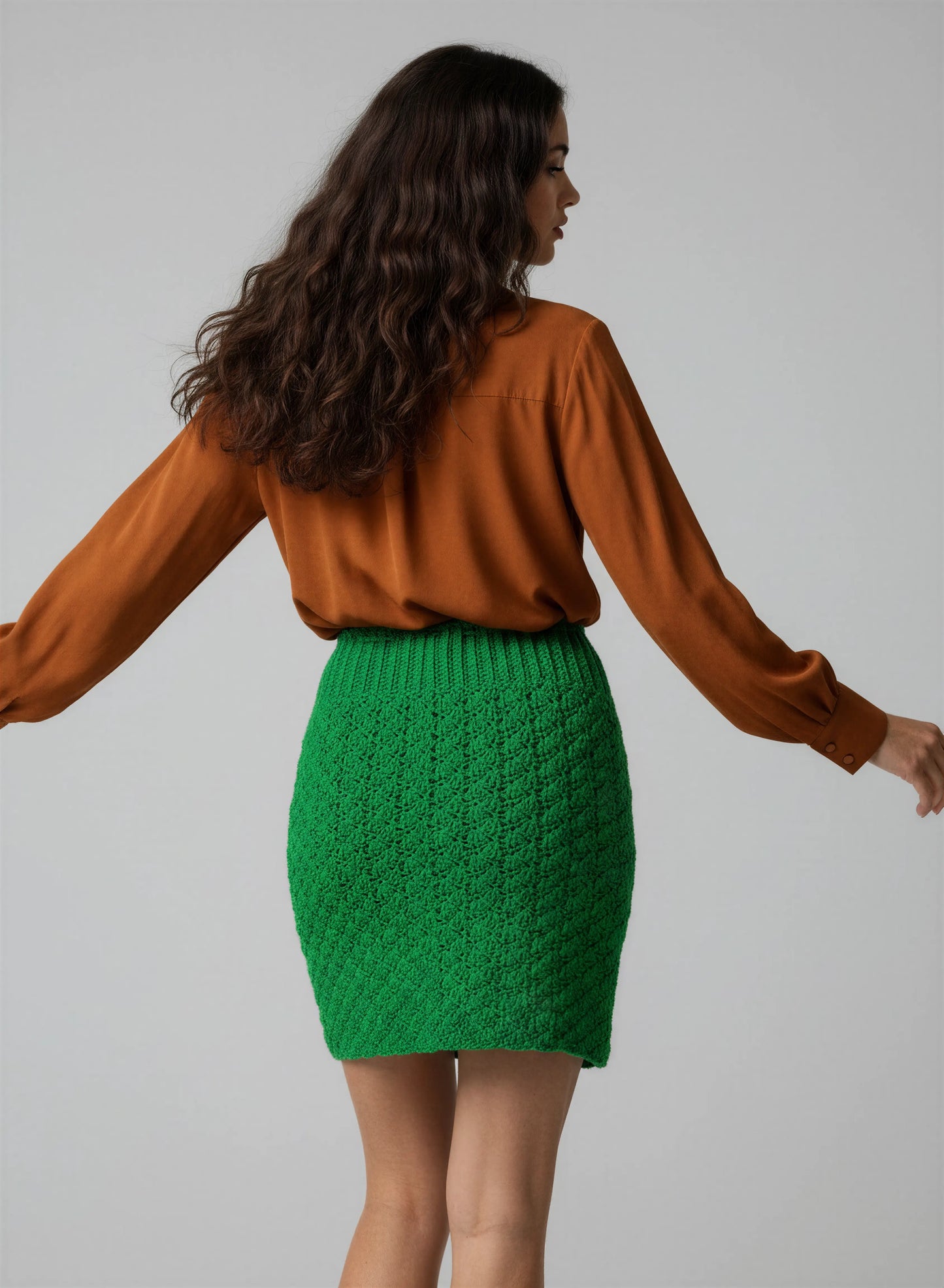 Jupe crochet fait main Laquenette vert vif dos texture point étoiles ceinture côte serrée mouvement – Cachalabibi