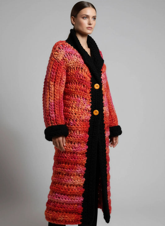 Manteau crochet fait main Kozakine rouge orange chiné grosse maille maxi manches amples revers noirs – Cachalabibi