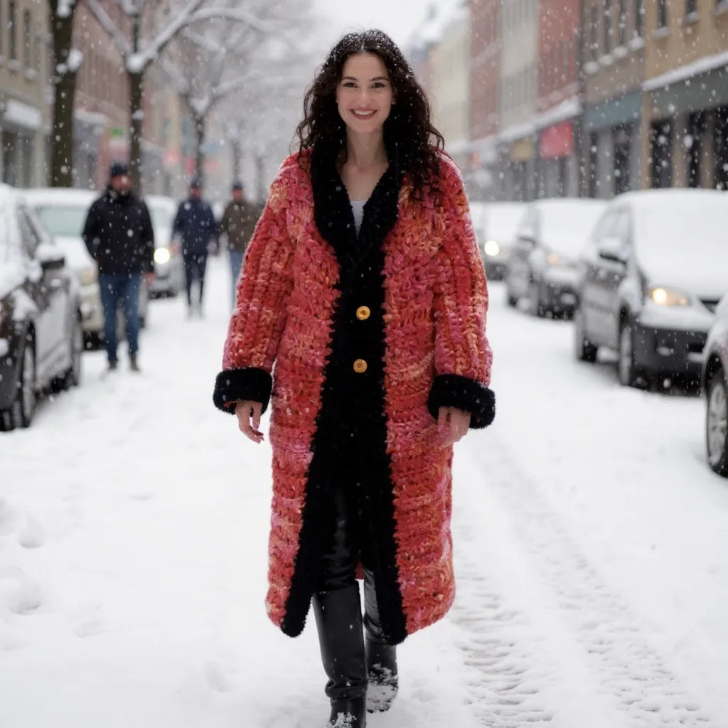 Manteau au crochet fait main Kozakine de Cachalabibi - corail et noir - Vue de face d'une jeune femme sous la neige avec boutons dorés
