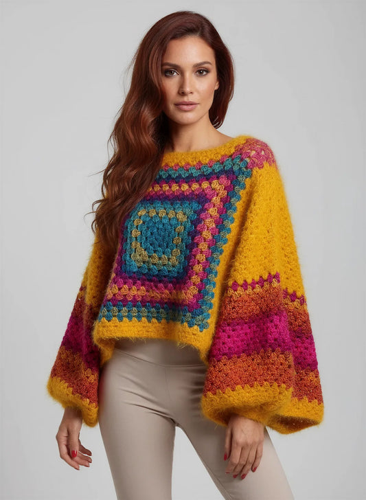 Poncho Aranciano – vue profil 3/4 – poncho crochet moutarde granny square multicolore manches kimono évasées – Cachalabibi