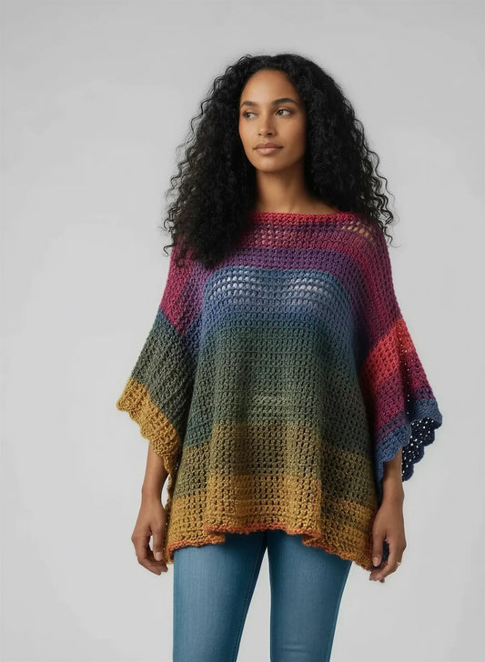 Poncho crochet fait main Makun dégradé arc-en-ciel lurex filet grandes mailles manches kimono festonné – Cachalabibi