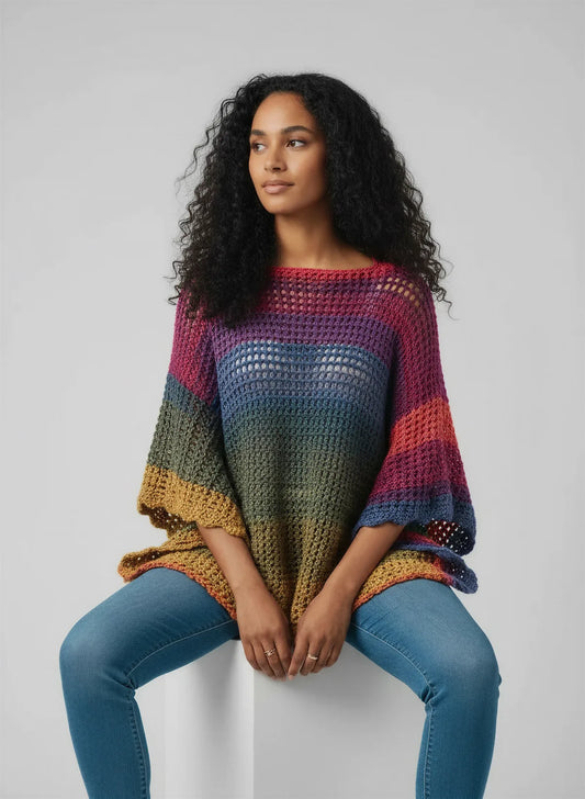 Poncho crochet fait main Makun dégradé arc-en-ciel lurex filet mailles carrées encolure bateau large – Cachalabibi