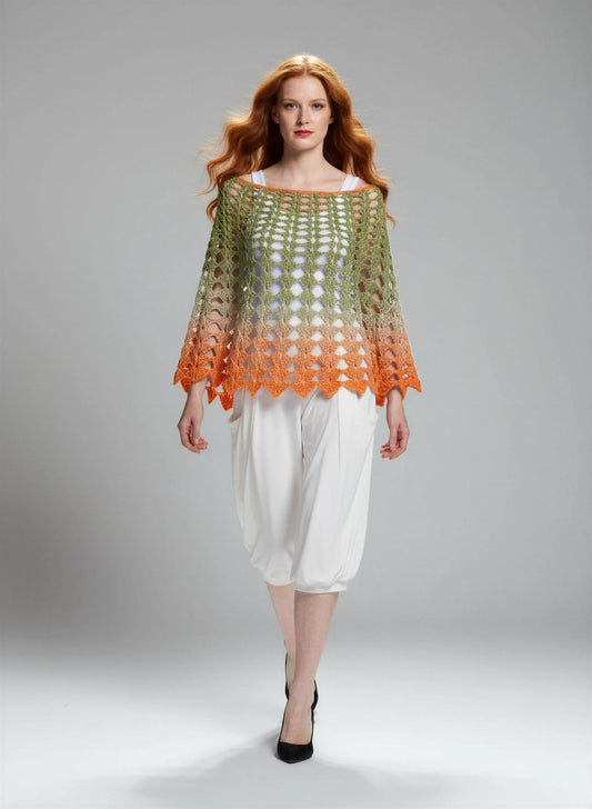 Poncho crochet fait main Olivette dégradé vert olive orange filet losanges bordure éventails kimono – Cachalabibi