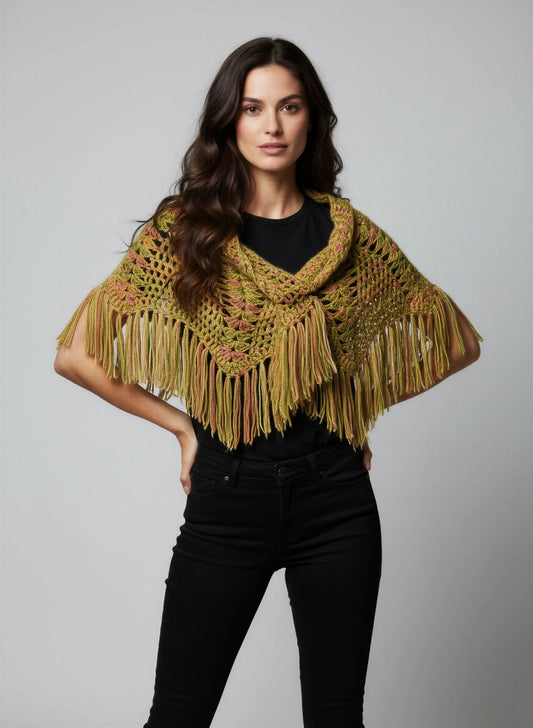 Poncho crochet fait main Pompisol kaki doré chiné col roulé franges longues denses forme trapèze – Cachalabibi