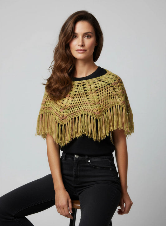 Poncho crochet fait main Pompisol kaki doré chiné filet éventails ananas ajourés franges pose assise – Cachalabibi