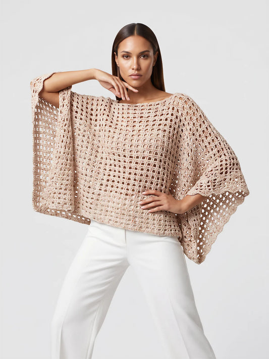 Poncho femme Galao au crochet coton beige rosé, manches évasées bordure festonnée, coupe ample - Cachalabibi