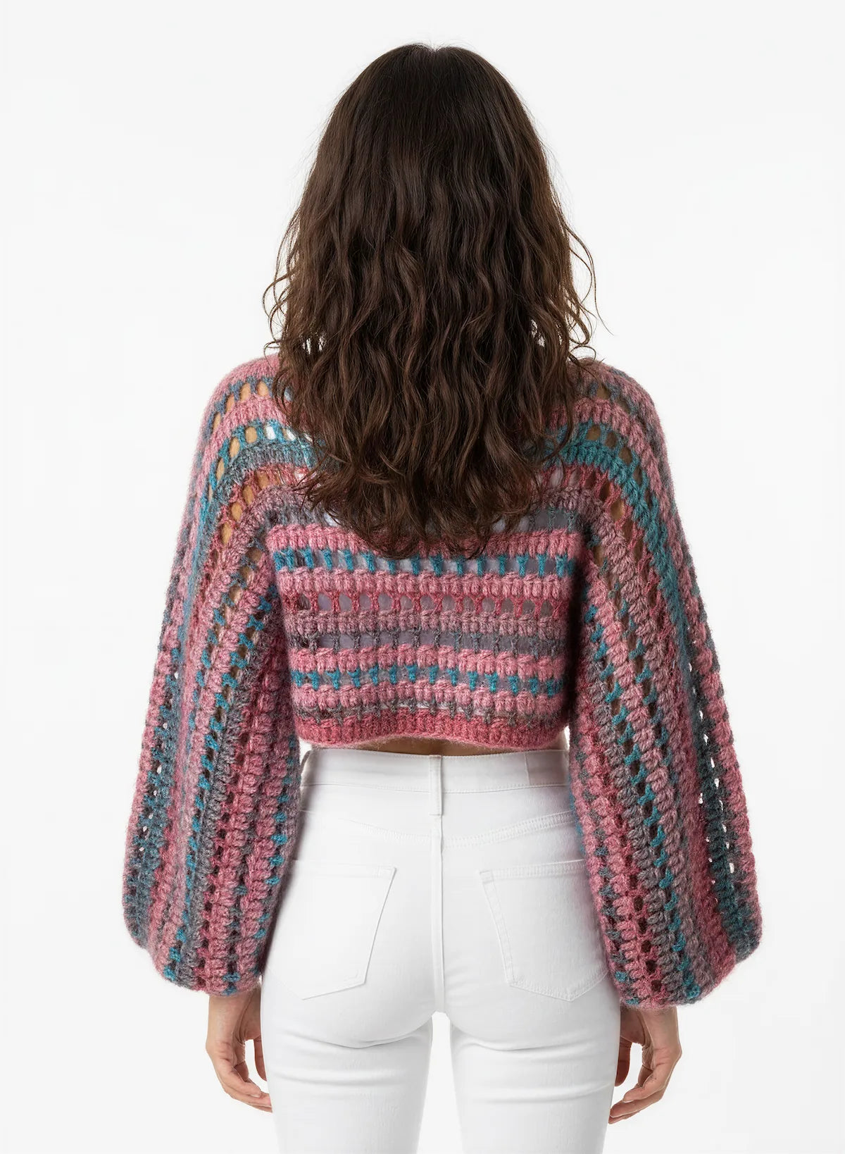 Pull court Amplo rose et vert – crochet fait main – de dos – Cachalabibi