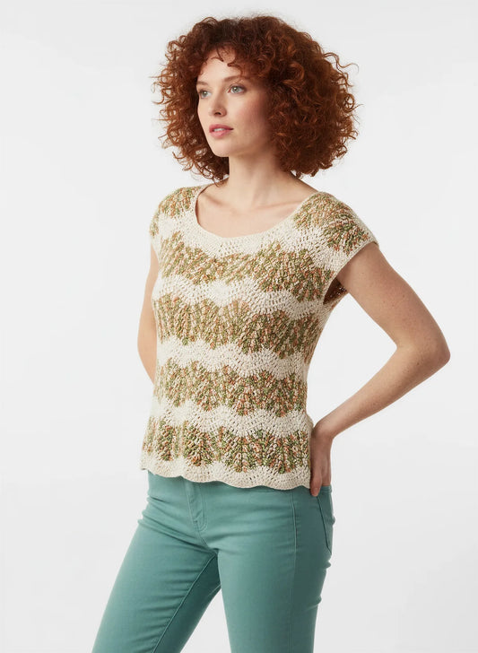 Pull manches courtes Azeitona kaki crème – crochet fait main – ourlet festonné de face – Cachalabibi