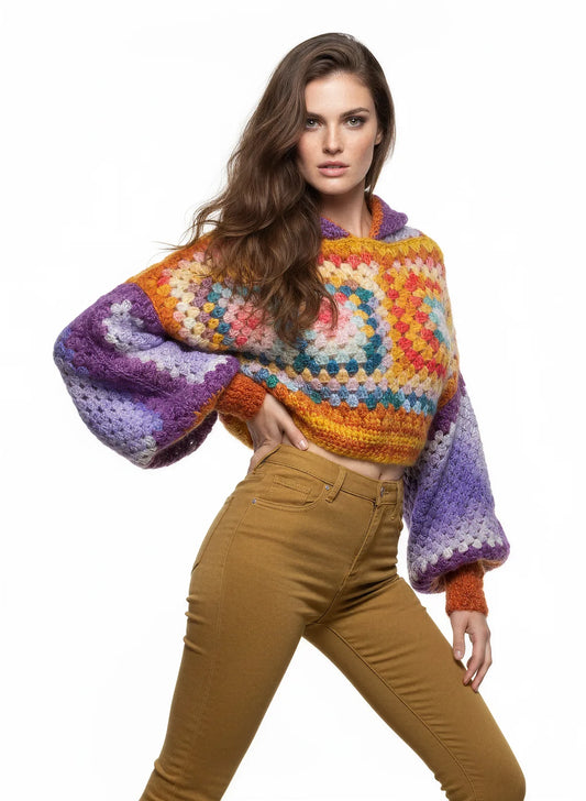 Pull court Dorsoduro granny square multicolore – crochet fait main – vue 3/4 – Cachalabibi