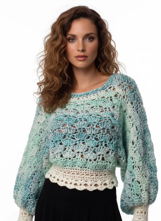 Pull femme Fidji turquoise crème éventails ajouré – crochet fait main – rapproché encolure – Cachalabibi