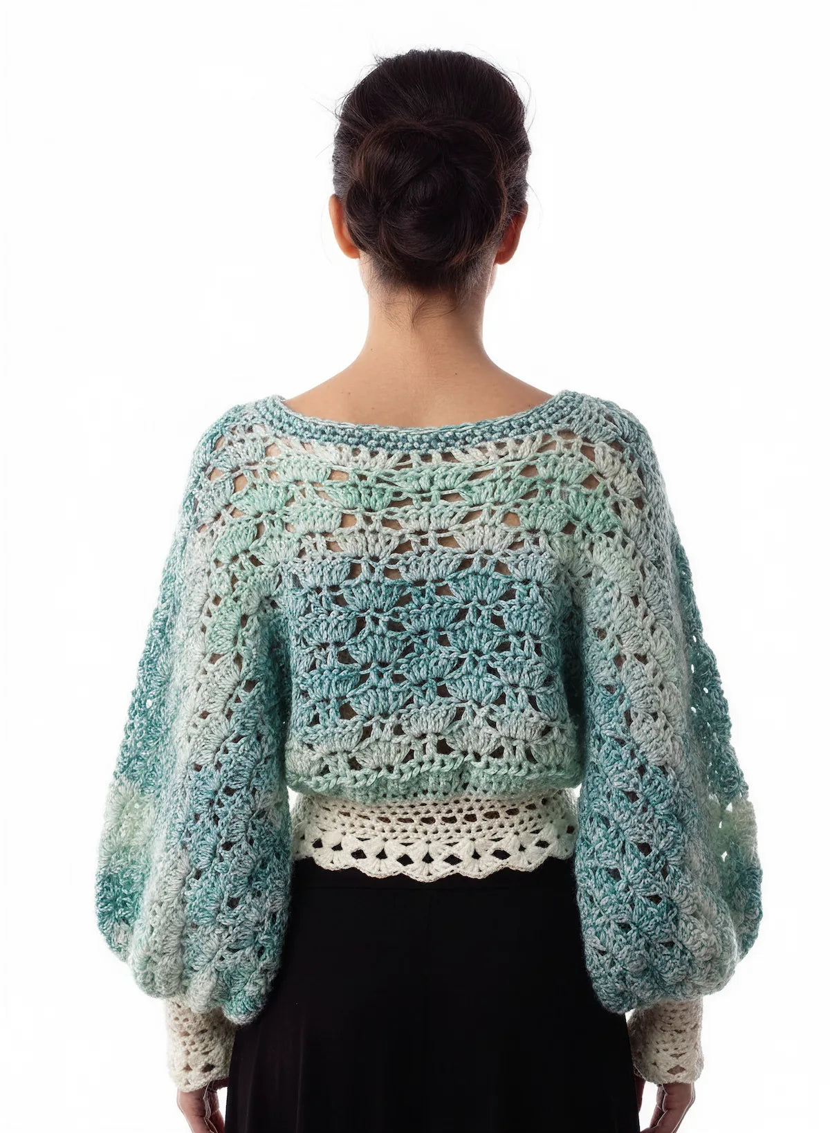 Pull femme Fidji turquoise crème éventails ajouré – crochet fait main – de dos ourlet festonné – Cachalabibi