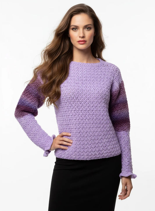 Pull femme Fuga lilas bouclé rayures violet prune – crochet fait main – de face – Cachalabibi