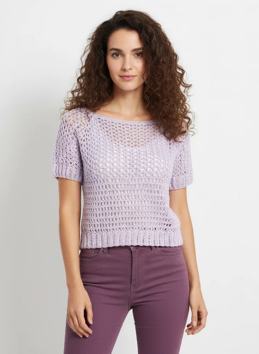 Pull manches courtes Glycina glycine ajouré – crochet fait main – de face – Cachalabibi
