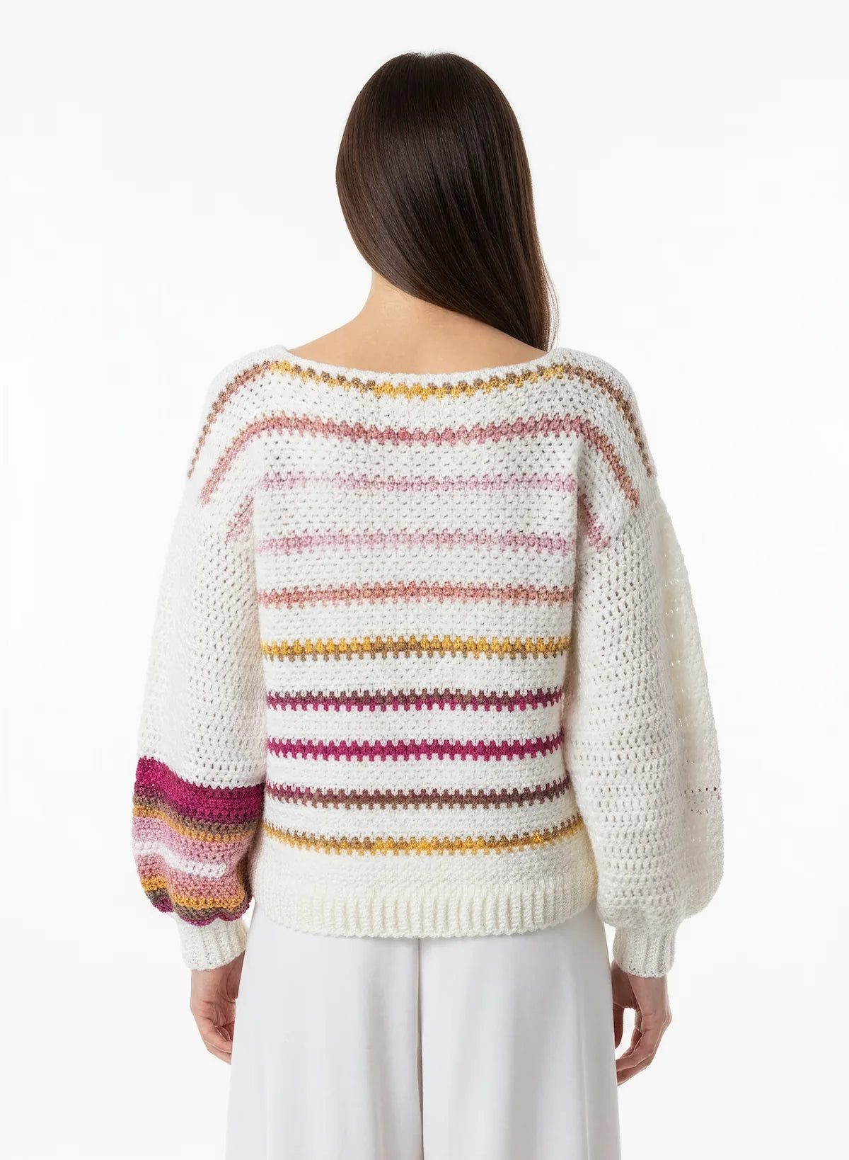 Pull femme Inverno crème rayures multicolores fuchsia – crochet fait main – de dos manches bouffantes – Cachalabibi
