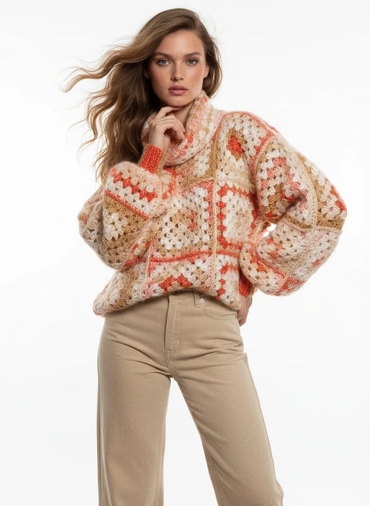 Pull femme Lantana corail doré granny square col roulé – crochet fait main – rapproché col roulé – Cachalabibi