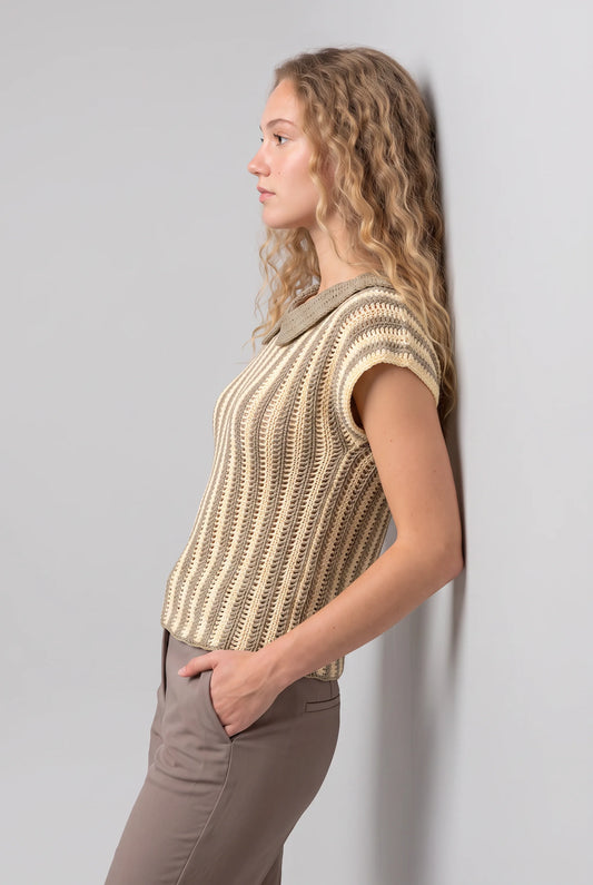 Pull Ballerino crochet côtelé rayé — vue profil — Création Cachalabibi