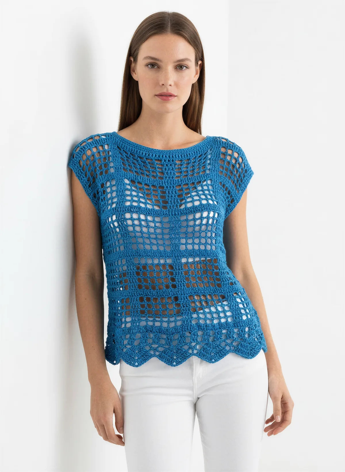 Pull manches courtes Muscari bleu - crochet fait main - Taille 38/40