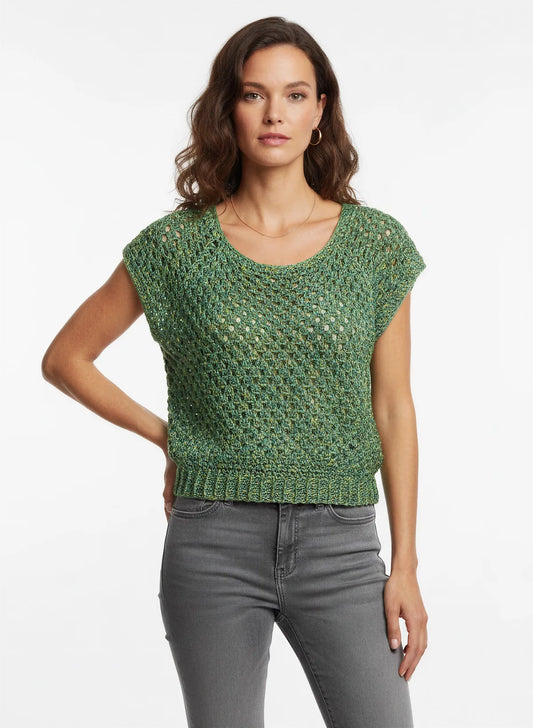 Pull manches courtes Papayo vert émeraude chiné ajouré – crochet fait main – vue frontale – Cachalabibi