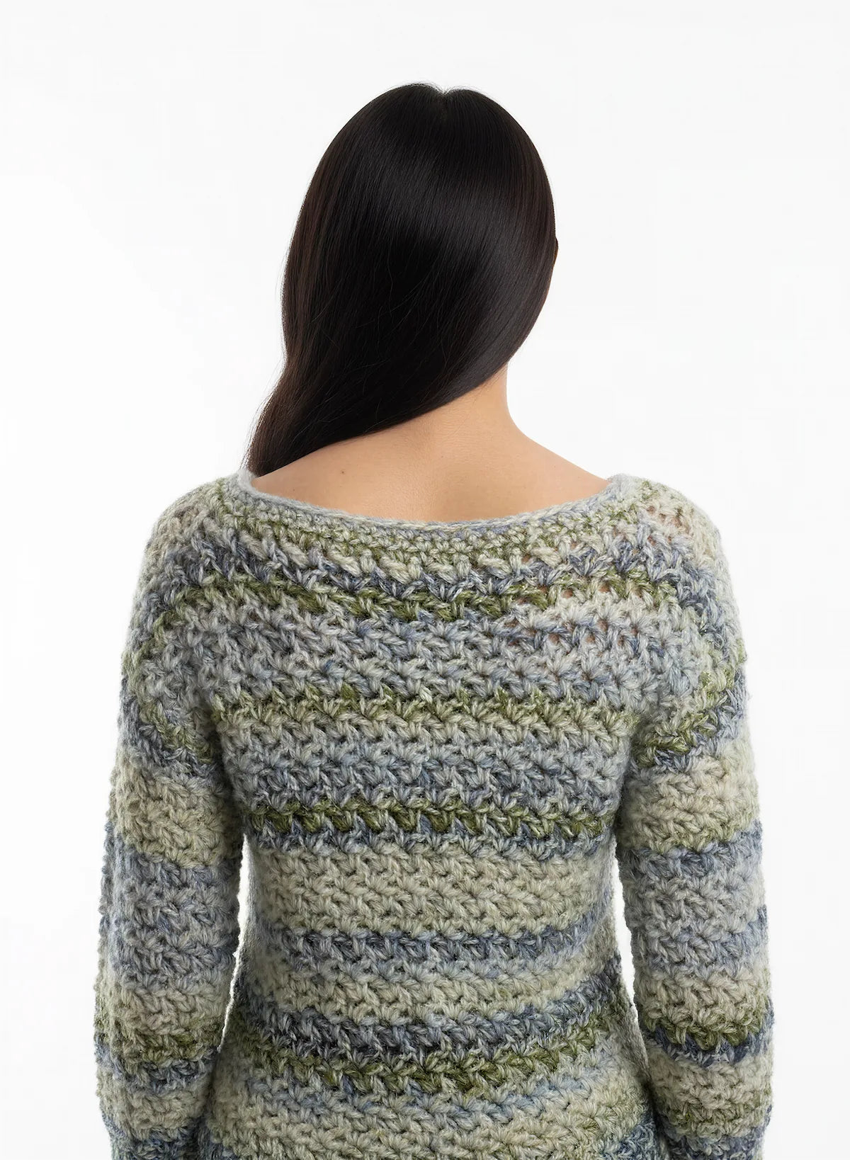 Pull femme Sweaty vert kaki bleu chiné rayures bouclé – crochet fait main – de dos – Cachalabibi