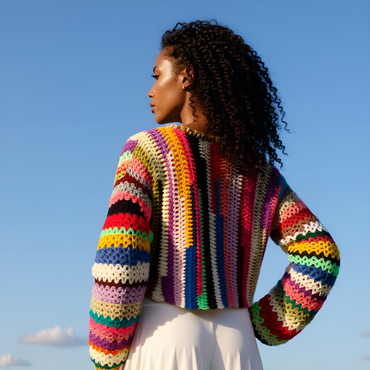Pull au crochet fait main Tapatouvu de Cachalabibi - Multicolore - Vue de dos au coucher du soleil, style bohème spectaculaire