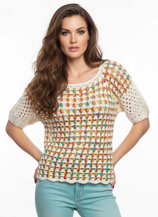Pull manches courtes Touchy crème multicolore ajouré – crochet fait main – de face – Cachalabibi