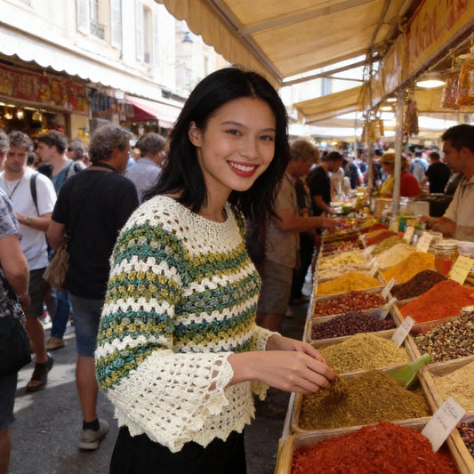 Pull au crochet fait main Verduro de Cachalabibi - écru et vert - vue de face au marché provençal avec étals d'épices colorées et bocaux de miel