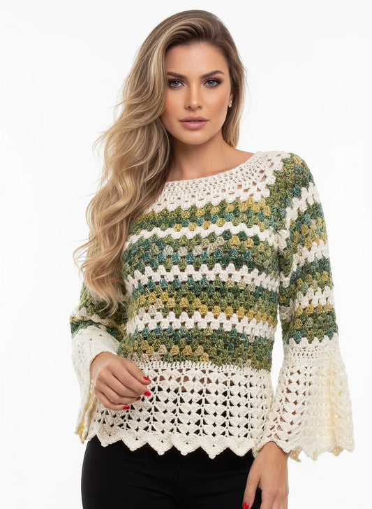 Pull femme Verduro crème rayures vert kaki chiné manches cloche ajourées – crochet fait main – regard direct – Cachalabibi