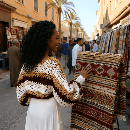 Pull au crochet fait main MasaÏ de Cachalabibi - beige et marron - Demoiselle devant un tapis de laine