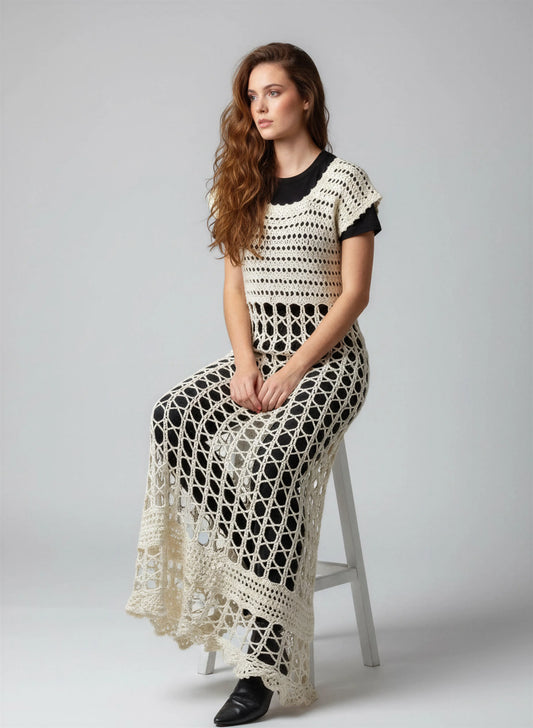 Robe crochet fait main Overdressy écru grandes mailles hexagones transparente sur noir 3 zones points maxi – Cachalabibi