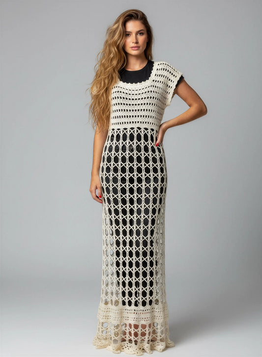 Robe crochet fait main Overdressy écru over-dress transparent grandes mailles géométriques coupe sirène maxi – Cachalabibi