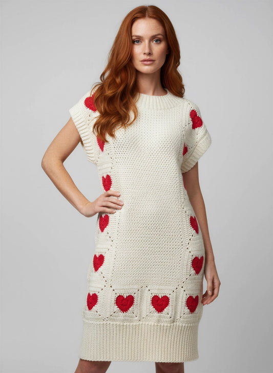 Robe crochet fait main Vestita écru cœurs rouges 3D silhouette complète 3 zones points mini romantique – Cachalabibi