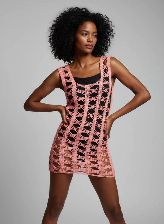 Robe de bain crochet fait main Makemo rose saumon 3 zones yoke dense croisillons tressés maillot noir mini – Cachalabibi