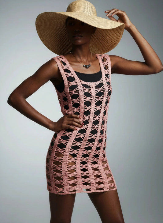 Robe de bain crochet fait main Makemo rose saumon croisillons beach luxe chapeau paille transparent noir mini – Cachalabibi