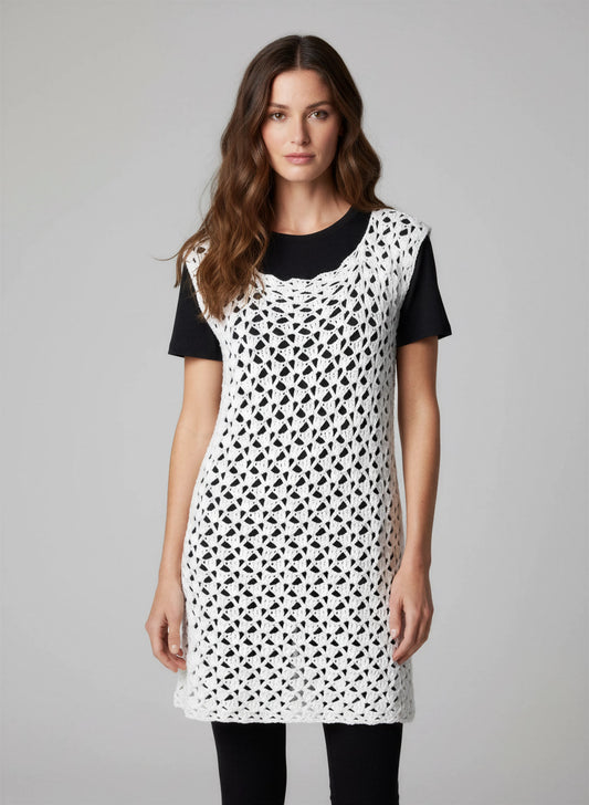 Robe de bain crochet fait main On the Beach écru éventails over-dress t-shirt noir look ville polyvalent – Cachalabibi