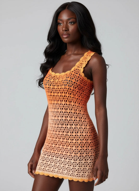 Robe de bain crochet fait main Papayago dégradé orange pêche encolure carrée festonnée bretelles larges mini – Cachalabibi