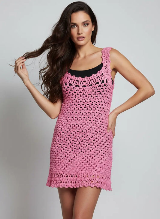 Robe de bain crochet fait main Pitaya rose bonbon éventails relief encolure U festonnée bretelles larges mini – Cachalabibi